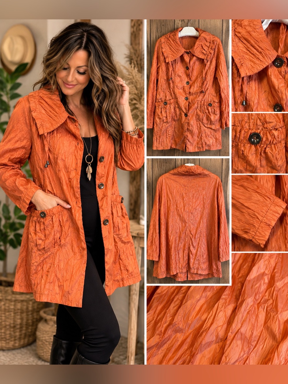 Orange Crinkle Texture Lightweight Statement Jacket Coat Size L